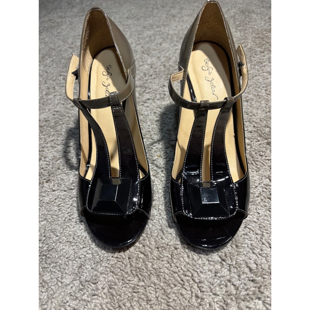 Sergio Zelcer Cole Two Tone Patent T-Strap Peep Toe Pumps Grey Black Size 9